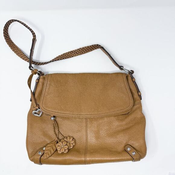 Brighton Tan Pebbled Leather Shoulder Bag Flap/Zip Closure Flower Detail EUC - Picture 1 of 13